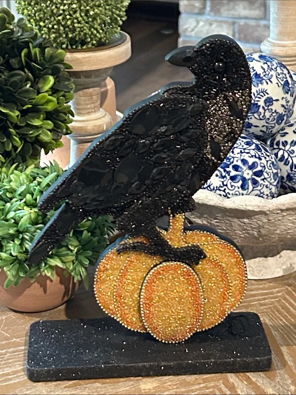 NEW! Vintage Inspired Beaded Black Raven Crow on Orange Fall Harvest Pumpkin